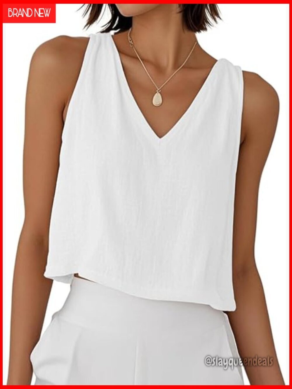 Linen Blend Crop Tank Top V-Neck Sleeveless Summer Casual Beach